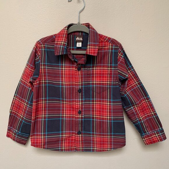 Tea Collection Boys Red Plaid Button Up Long Sleeve Shirt 3T - Picture 1 of 6